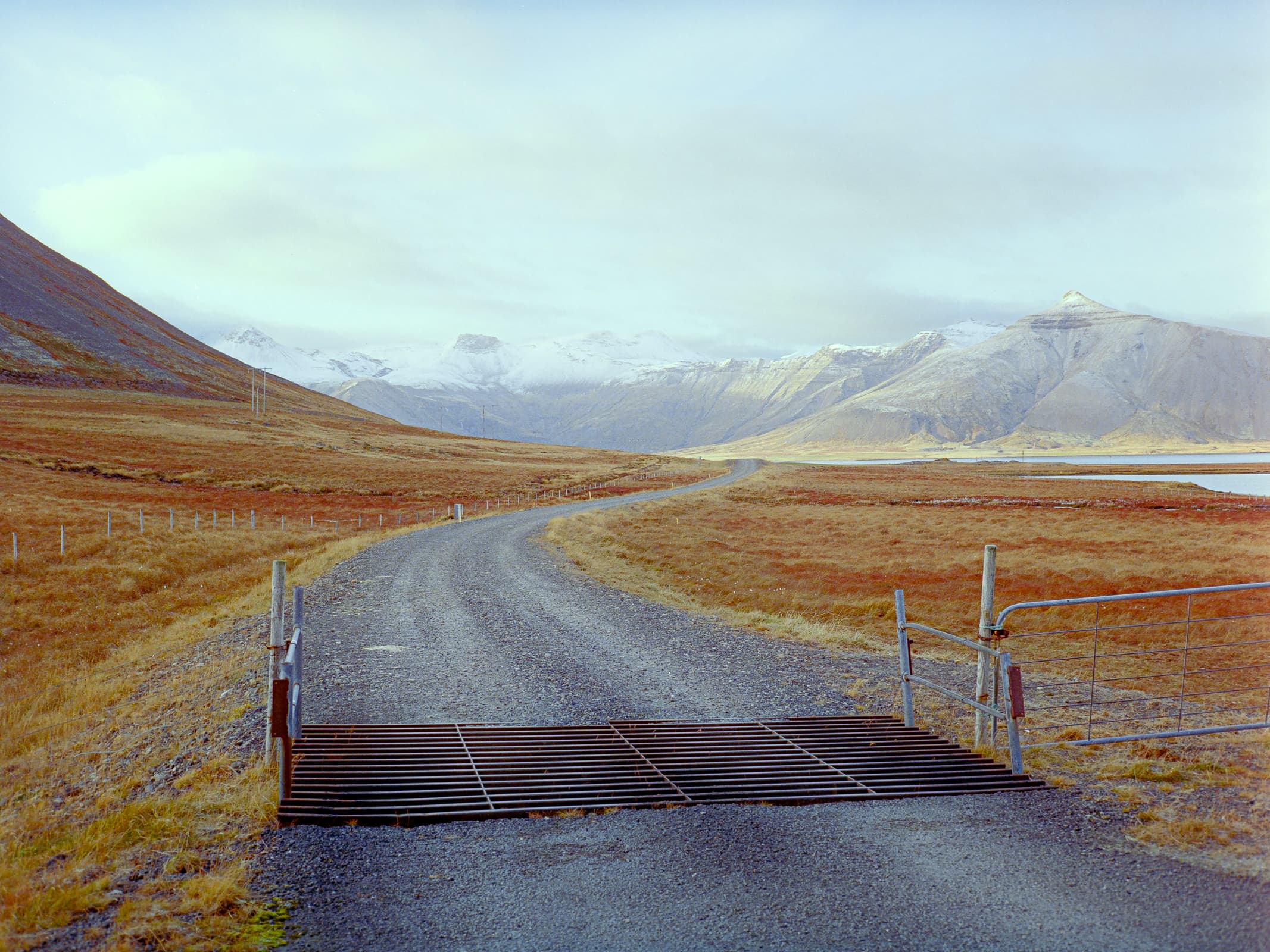 a cattle guard in a field at the base of a large mountain range
